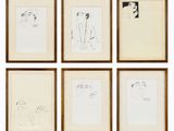 six dessins encadrés représentant un homme et une femme dans différentes poses