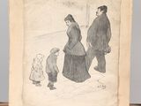 an old drawing of a family walking in the snow with a child