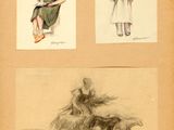 two drawings of a woman sitting on a bench and a man standing next to a dog