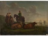 un tableau représentant un homme à cheval et deux vaches dans un champ
