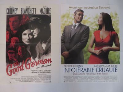 deux affiches de cinéma représentant un homme et une femme en robe rouge, ainsi qu'un homme en costume