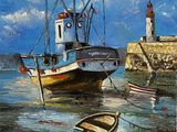 tableau représentant un bateau sur l'eau, avec un phare en arrière-plan