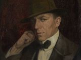 portrait d'un homme en costume et chapeau, la main posée sur le menton