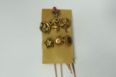 a picture of a gold brooch and pins on a piece of paper