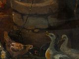 painting of chickens and chickens in a courtyard with a fountain in the background