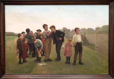 tableau représentant un groupe d'enfants jouant à un jeu dans un champ