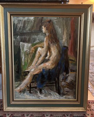 an oil painting of a woman sitting on a chair in a room