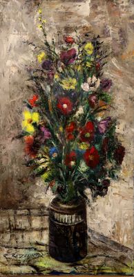 une peinture représentant un vase de fleurs sur une table