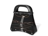 a black handbag with a drawing of a waterfall on it