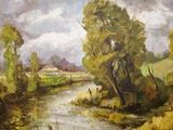 a painting of a river running through a lush green field