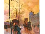 une peinture représentant une scène de rue avec des personnes marchant sur le trottoir