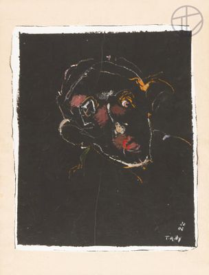 painting of a black dog with a red nose on a black background