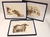 three framed pictures of a dog and a horse on a white background
