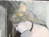 a painting of a woman in a hat looking at a cell phone