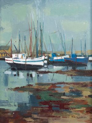 painting of boats in a harbor on a cloudy day