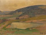 une image représentant un tableau de paysage avec un étang au premier plan