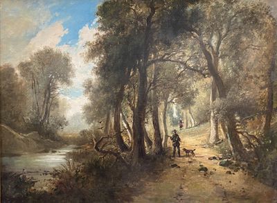 a painting of a man riding a horse in a wooded area