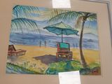une photo d'un tableau représentant une scène de plage, exposé