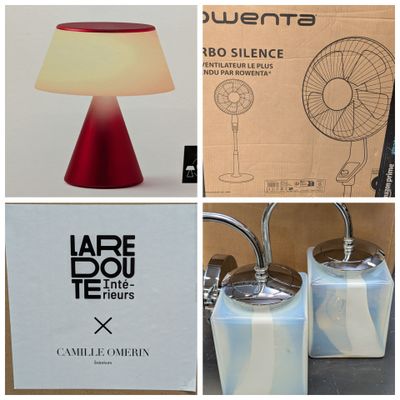 quatre photos différentes d'une lampe de table accompagnée d'une boîte et d'un ventilateur