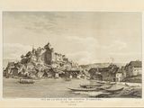 an old drawing of a castle on a hill overlooking a body of water