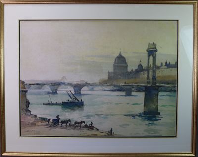tableau encadré représentant une scène fluviale avec un pont en arrière-plan