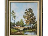 a painting of a farm scene with a river and trees