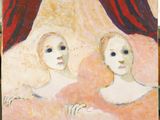 painting of two women sitting in front of a red curtain