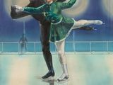 un tableau représentant un homme et une femme sur une patinoire