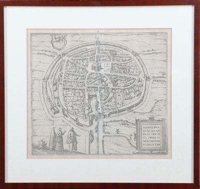 un vieux dessin représentant le plan d'une ville, encadré dans un cadre en bois
