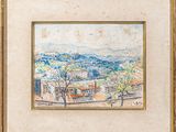 a painting of a view of a city from a hill