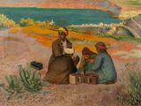 painting of a group of people sitting on a beach next to a body of water