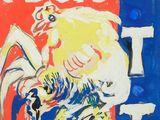 une image représentant un coq peint sur un fond rouge et bleu
