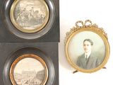 three framed pictures of a man in a suit and a woman in a dress