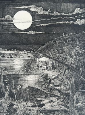 une image représentant un dessin en noir et blanc d'un paysage avec une pleine lune