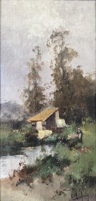 an image of a painting of a house by a river