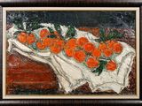 painting of oranges in a bowl on a table with a cloth