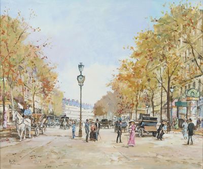 un tableau représentant une scène de rue avec des passants et des calèches