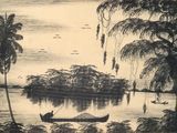 a drawing of a boat on the water with trees in the background