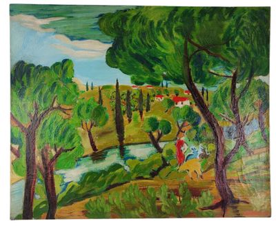 an oil painting of a landscape with trees and a river