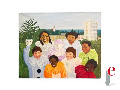 un tableau représentant un groupe de personnes portant des masques