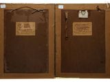pair of antique leather suitcases with labels on them