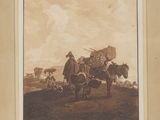 une vieille photo représentant un homme à cheval avec une charrette remplie d'animaux