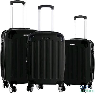 three pieces of black luggage sitting next to each other on wheels