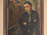 a painting of a man standing in front of a sign