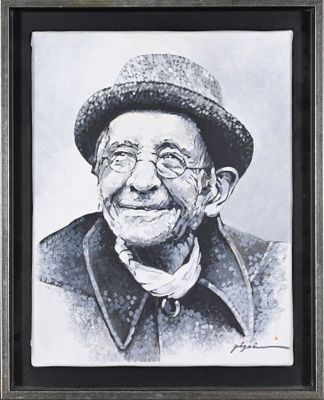 portrait of an old man with a hat and glasses in a frame