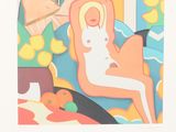 a picture of a woman sitting on a bed with a surfboard