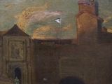 a painting of a building with a bird flying in the sky