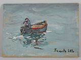 une peinture représentant un homme dans un bateau sur l'eau