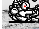 a black and white photo of a sculpture with a red dot on it