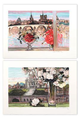 deux tableaux représentant des fleurs dans un vase posé sur le rebord d'une fenêtre